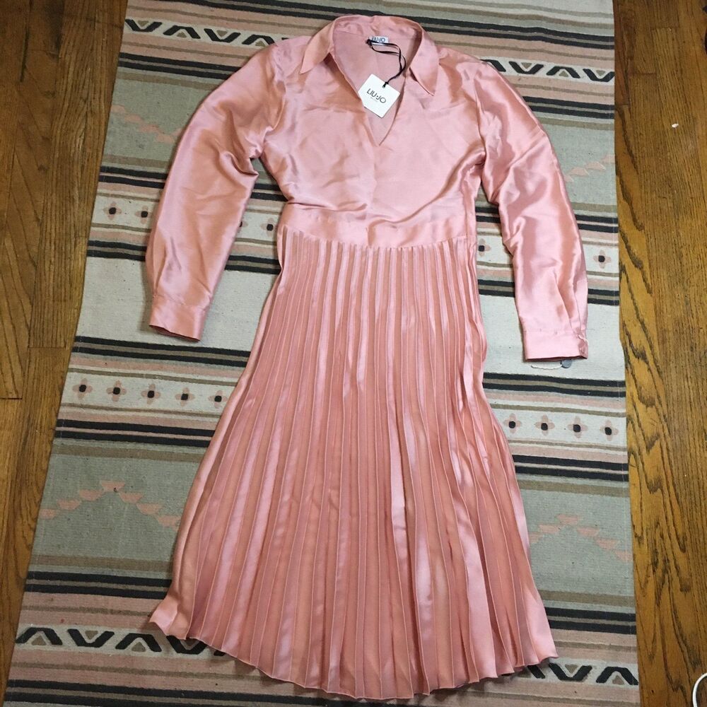 Liu Jo Milano Pink Satin Long Sleeve Pleated Dress Sz IT 42